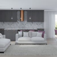 Modern,Home,Interior,With,Gray,Kitchen.,3d,Rendering.