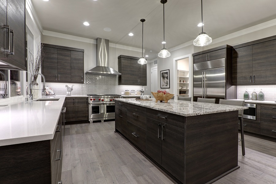 Modern,Gray,Kitchen,Features,Dark,Gray,Flat,Front,Cabinets,Paired